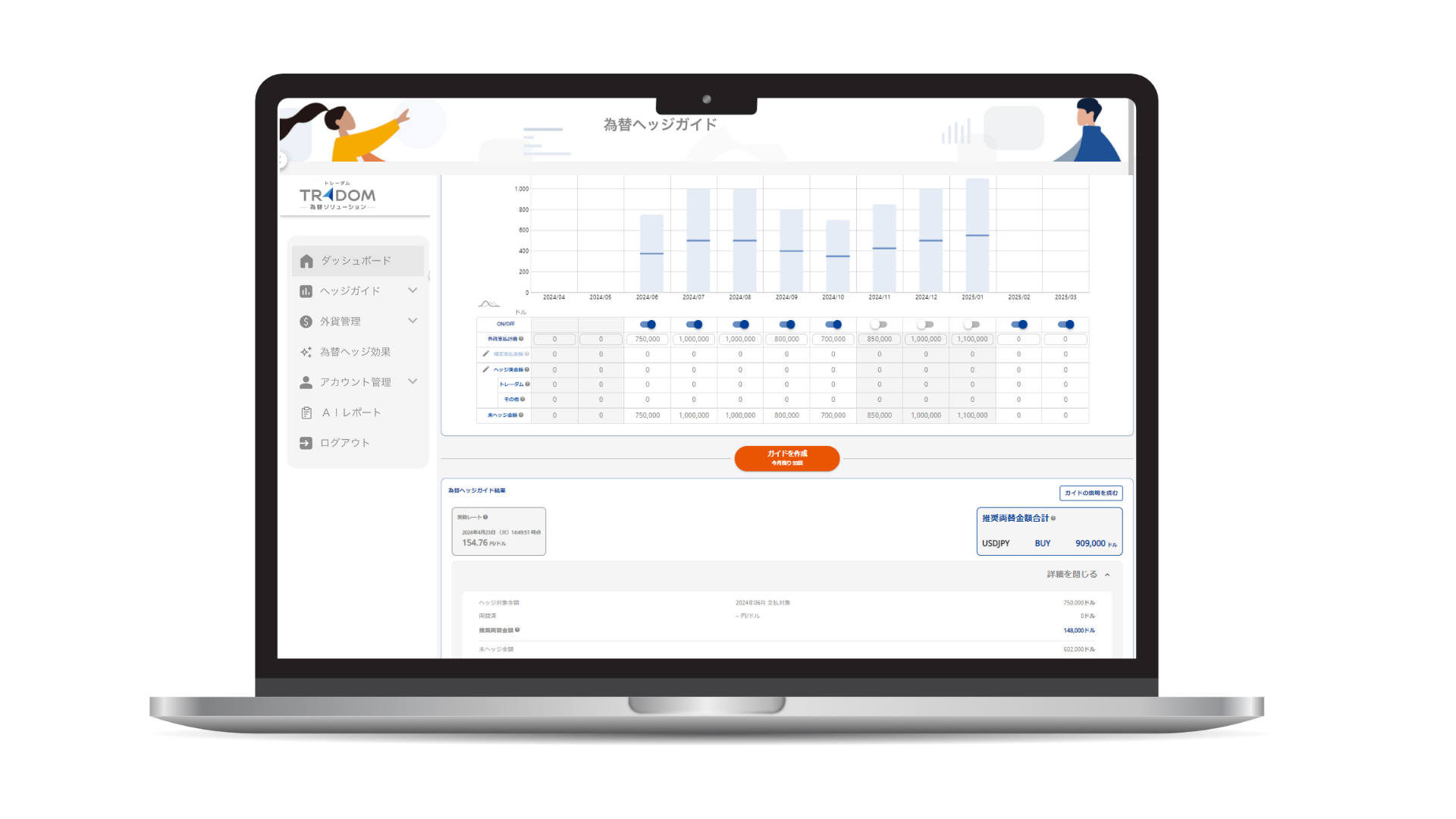 外貨から日本円、日本円から外貨への両替タイミングと金額をガイドする両替ヘッジガイドを提供開始 -  海外取引に携わるすべての企業のためのAI為替リスク管理システム【トレーダム】